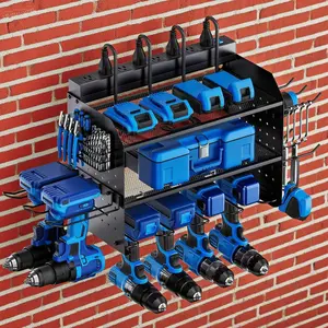 Stainless Steel Power Tool Organizer,Pegboard Utility Storage Rack,Wall Mountable with 8 Outlet Surge Protector Power Strip, Thicker and Longer Wire,and Drill Holder Heavy Duty Metal Tool Rack Set for Garage Storage