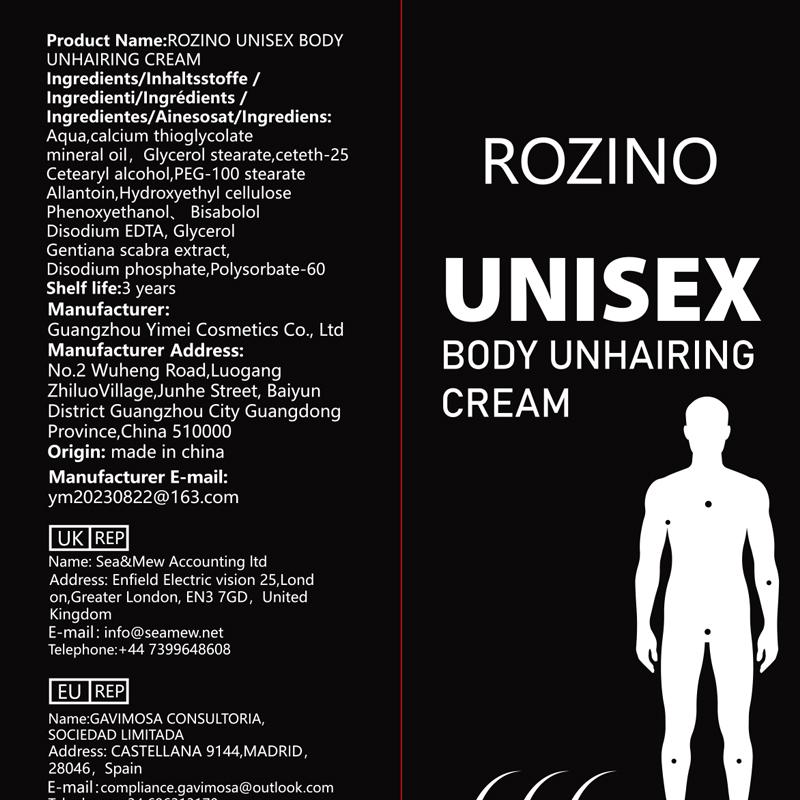 Rozino Body Hair Removal Cream 100g, Black Push Tube, Easy Apply for All Skin Types