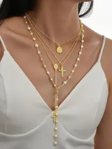 4pcs Elegant Vintage Design Rhinestone Y-Shaped Necklace Set, Layered Necklaces With Cross, Tassel, Snake Chain, Faux Pearl Pendants, Minimalist Style For Holiday, Party, Gift, Daily Wear