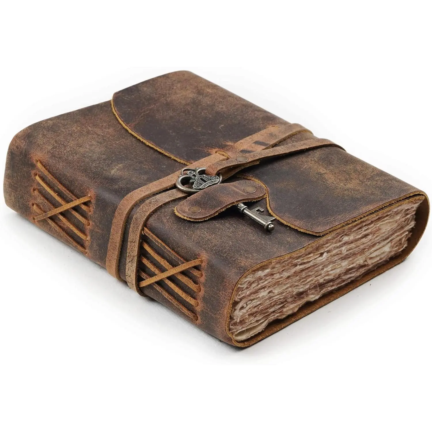 Vintage Leather Journal with Handmade Deckle Edge Paper, Leather Bound Notebook with Key Closure (6 × 4 in)