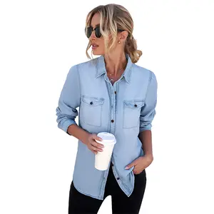 luvamia Denim Shirt Women Chambray Jean Western Shirts Long Sleeve Button Down Tops Cotton Collared Casual Womenswear Blouse