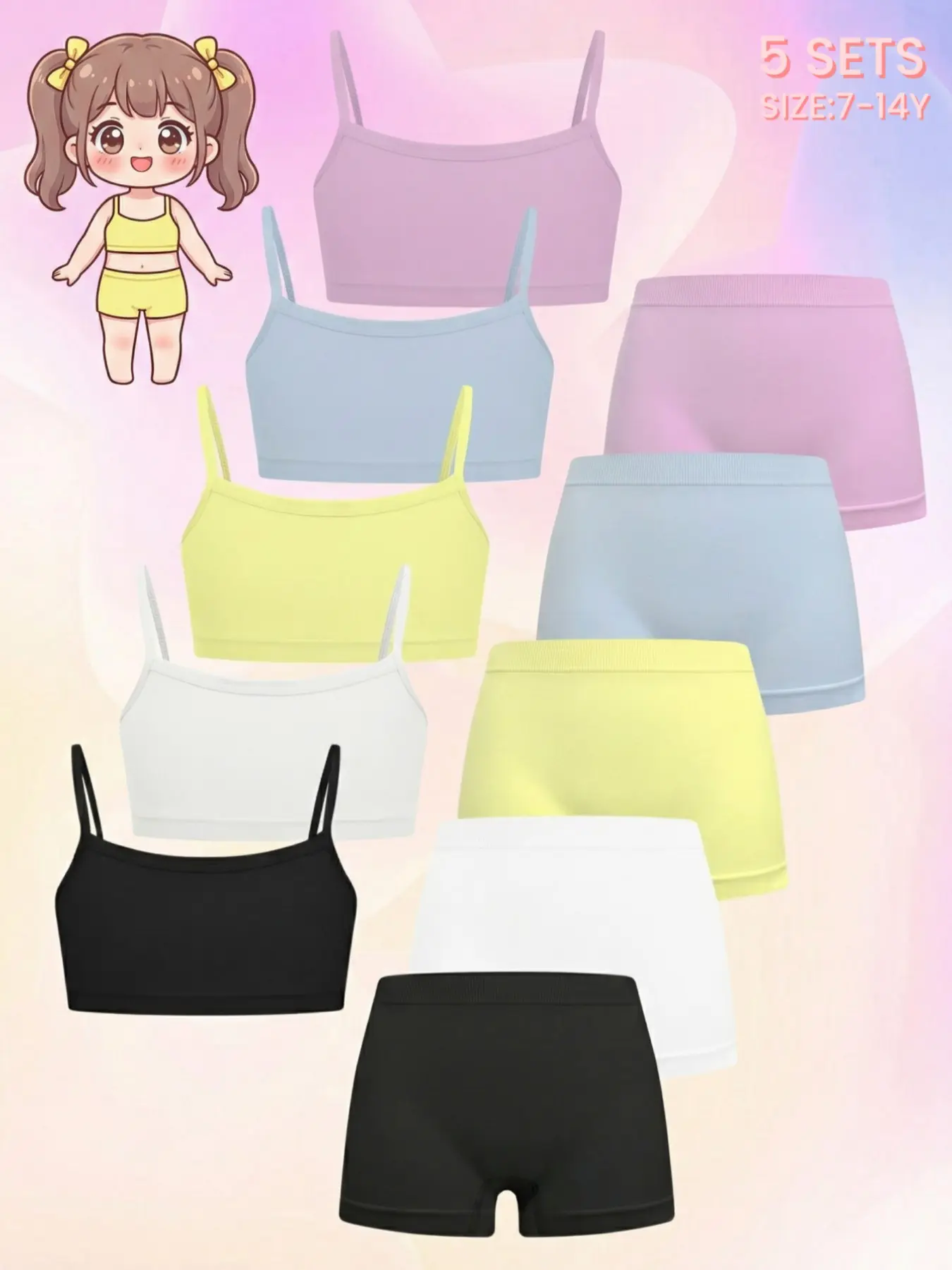 Summer Girls Seamless Soft Basic Underwear Set, Youth Underwear, Pure Color Casual Comfort Fitted Tank Top Bra & Shorts, Suitable for 7-14 Years Old Students,Perfect for Daily Wear/Beach Vacation