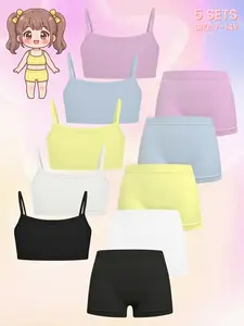 Summer Girls Seamless Soft Basic Underwear Set, Pure Color Casual Comfort Tank Top Bra & Shorts, Suitable for 7-14 Years Old Students,Perfect for Daily Wear/Beach Vacation