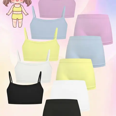 Summer Girls Seamless Soft Basic Knit Fabric Underwear Set, Pure Color Casual Comfort Tank Top Bra & Shorts, Suitable for 7-14 Years Old Students,Perfect for Daily Wear/Beach Vacation, Tween Bras, Youth Underwear
