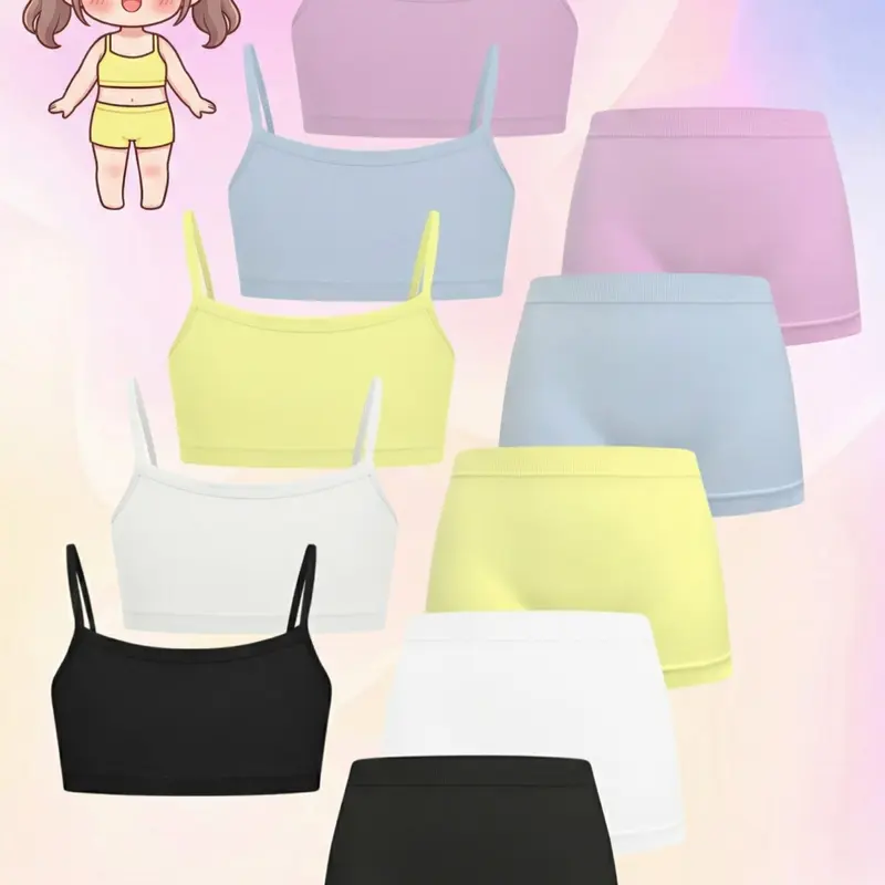 Summer Girls Seamless Soft Basic Knit Fabric Underwear Set, Pure Color Casual Comfort Tank Top Bra & Shorts, Suitable for 7-14 Years Old Students,Perfect for Daily Wear/Beach Vacation, Tween Bras, Youth Underwear