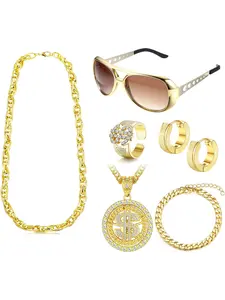 7 Pcs 80s 90s Hip Hop Costumes Accessories Outfit Fake Gold Chain Twist Leg Punk Sunglasses Dollar Sign Finger Ring Gold Chain Bracelet Hoop Earrings Hip Hop Jewelry for Rapper Men Women Trendy Jewelry Set