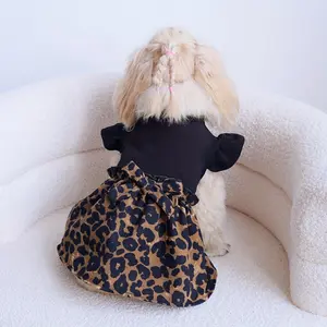 Pet Clothing Cat and Dog Four Seasons Bow Small Flying Sleeve Leopard Print Skirt Hem Splicing Elastic Fabric Flower Bud Dress 1pc