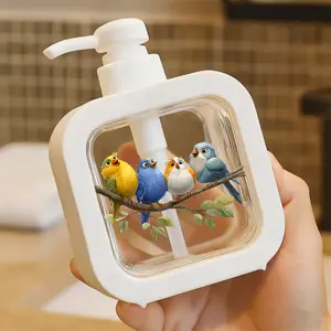 Creative Bathroom Dispenser with Hand Pump - Whimsical Cartoon Birds on Branch Design, Colorful Yellow/Blue/White Birds Singing, Green Leaves & Orange Feet, Cheerful Musical Bird Scene Art, Perfect for Soap/Lotion Dispensing