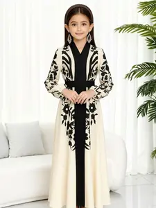 Girl's Fitted Muslim Party Dress, Modesty Floral Print Bishop Sleeve Dress, Suitable for Ramadan, Weddings and Photo Shoots