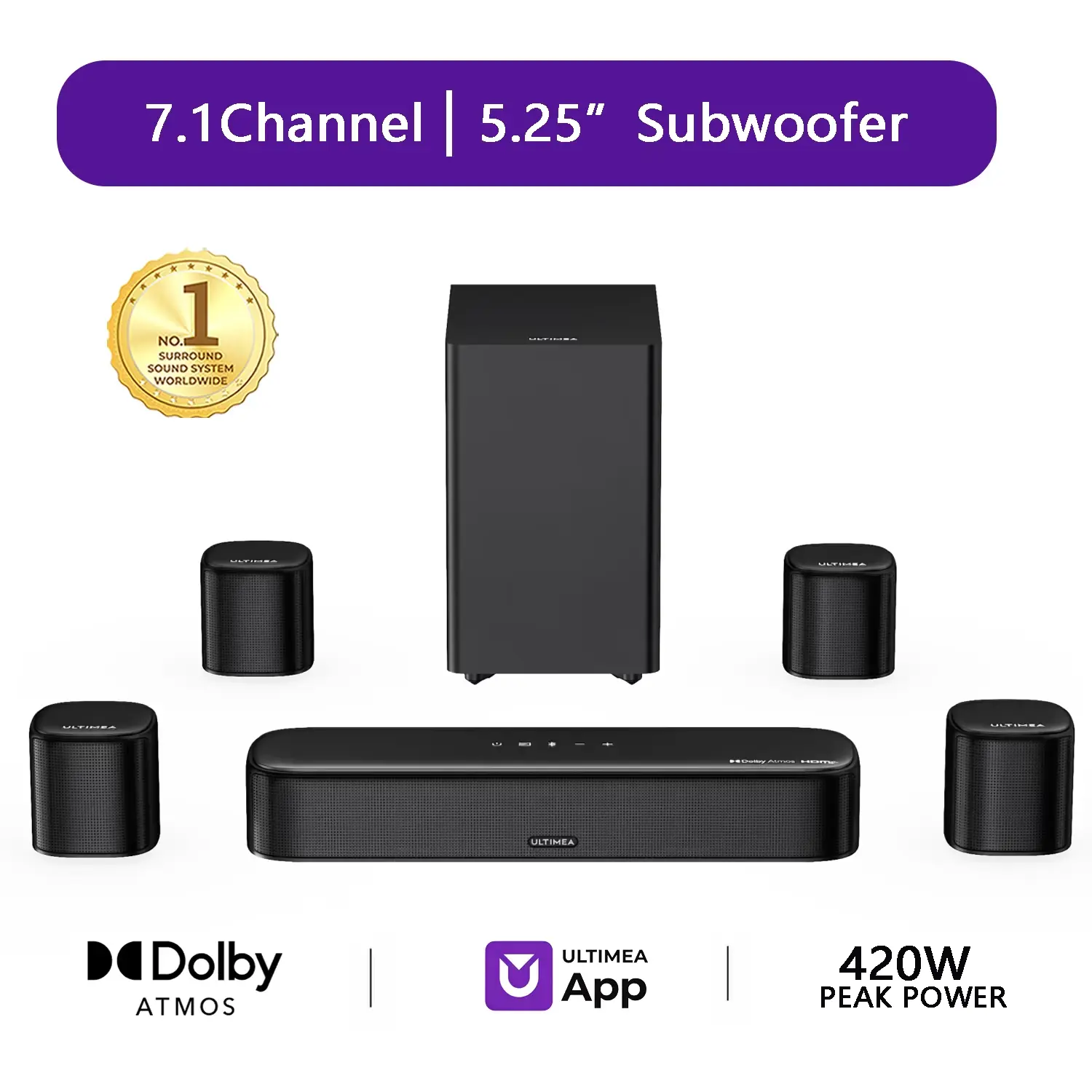 7.1ch Soundbar with Dolby Atmos for TV, Surround Sound System with 5.25" Subwoofer, VoiceMX, BassMX, 4 Surround Speakers, 420W Peak Power, HDMI eARC, APP Control, Aura S5T