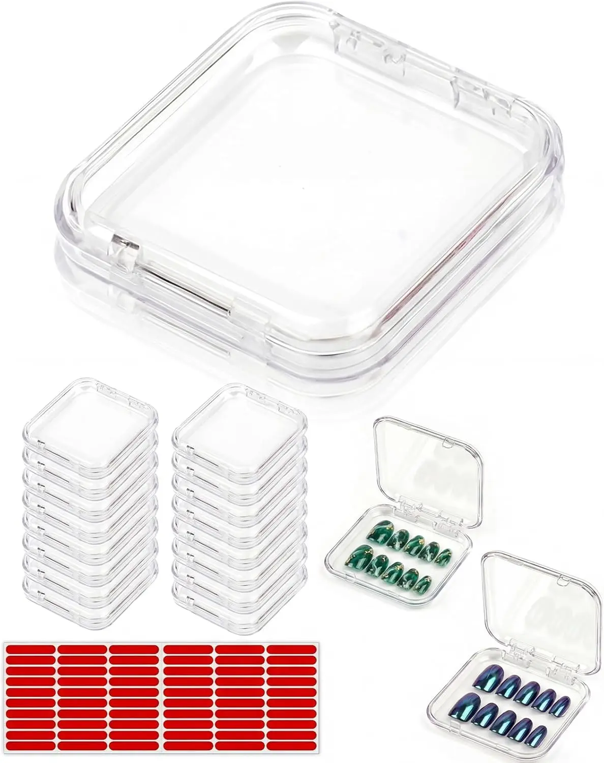18PCS Press on Nail Packaging Case, False Nail Storage Boxs Container Holder with 60Pcs Adhesive Double