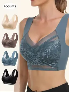 Women's Contrast Floral Lace Wireless Bra, Contrast Mesh Push Up Bra, Soft Comfortable Breathable Lingerie for All Seasons, Women's Clothing, Womenswear, Elegant Breathable Bra, Wireless Padded Bra, Wireless Bandeau Bra