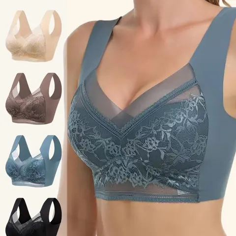Women's seamless mesh lace bra, backless plunge bralette, comfortable padded lift, smooth back, sleep/casual yoga, all seasons, With padded bra