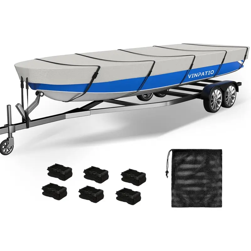 V VINPATIO Jon Boat Cover - 1200D 5-Layer Waterproof Oxford Fabric, Heavy-Duty Trailerable Mooring Cover, UV Protection, Fade & Tear Resistant, Marine-Grade Reinforced Adjustable Side Straps, Multi-Layered Design Tool Upgrade, Oxford Fabrics