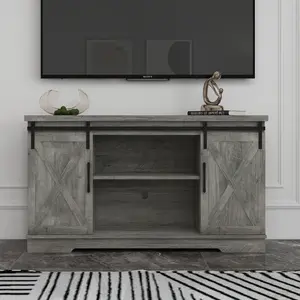 OP-Classic Farmhouse TV Stand for 65 Inch TV, Modern Media Console Wood Television Stand , Nordic Entertainment Center with Sliding Barn Door and Adjustable Shelves,Space saving for Living Room,Bedroom