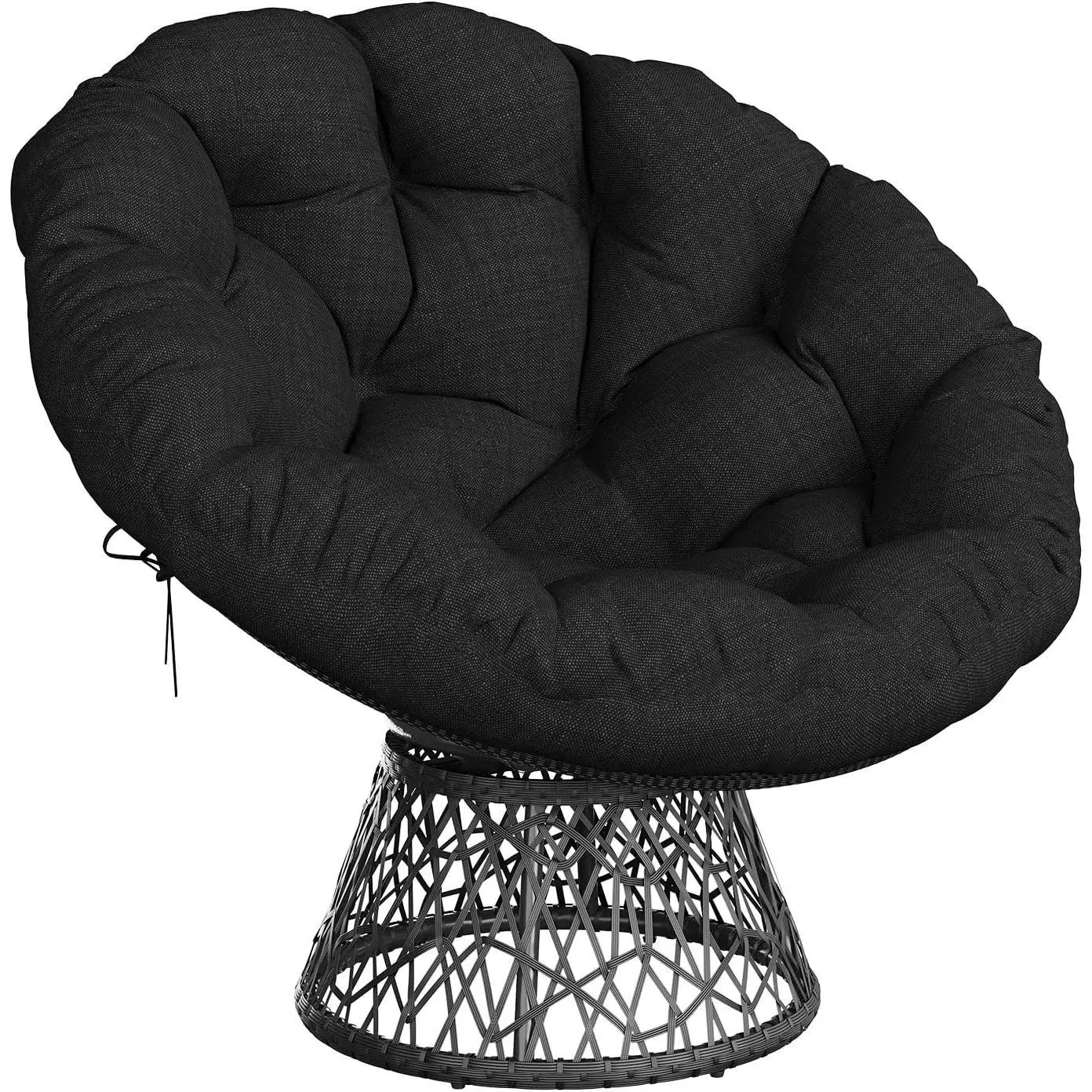 Oversized 40in All-Black Ergonomic Wicker Single Person Papasan Chair - Heavy-Duty Stainless Steel Frame, Extra-Thick Soft Fabric Cushion, 360° Swivel Round Metal Base for Living Room, Reading Nook