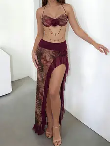 Women's Two-Piece Floral Beaded Halter Top and Irregular Long Skirt Set, Sexy Slim-Fitting Sleeveless Crop Top, Casual High Waist Womenswear, Summer Outfits Set
