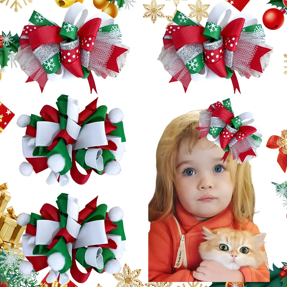 JoyBowie 4pcs Christmas Bow Hair Clips for Girls, 4inch Holiday Grosgrain Ribbon Barrettes with Alligator Clips, Festive Red Green White Hair Accessories for Kids