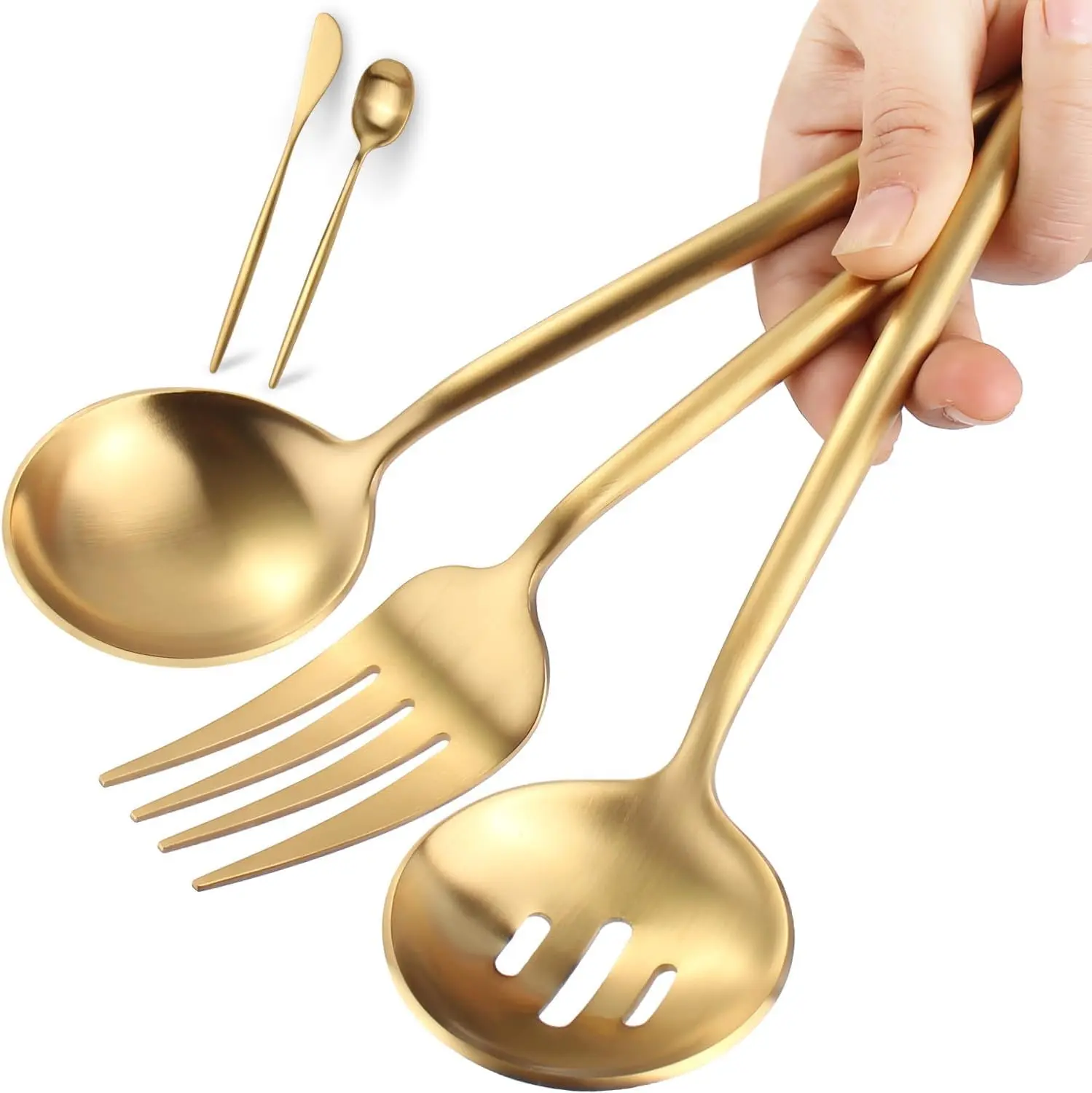 Stainless Steel Serving Utensils Set, 5 count - 10.8 Inch Serving Fork, 10.3 Inch Slotted Spoon, Sugar Spoon, Butter  for Buffet