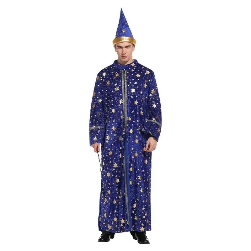 2025halloween Adulte Halloween hommes Robe bleue et chapeau étoile lune magicien magique Costume Cosplay jeu de rôle décoration