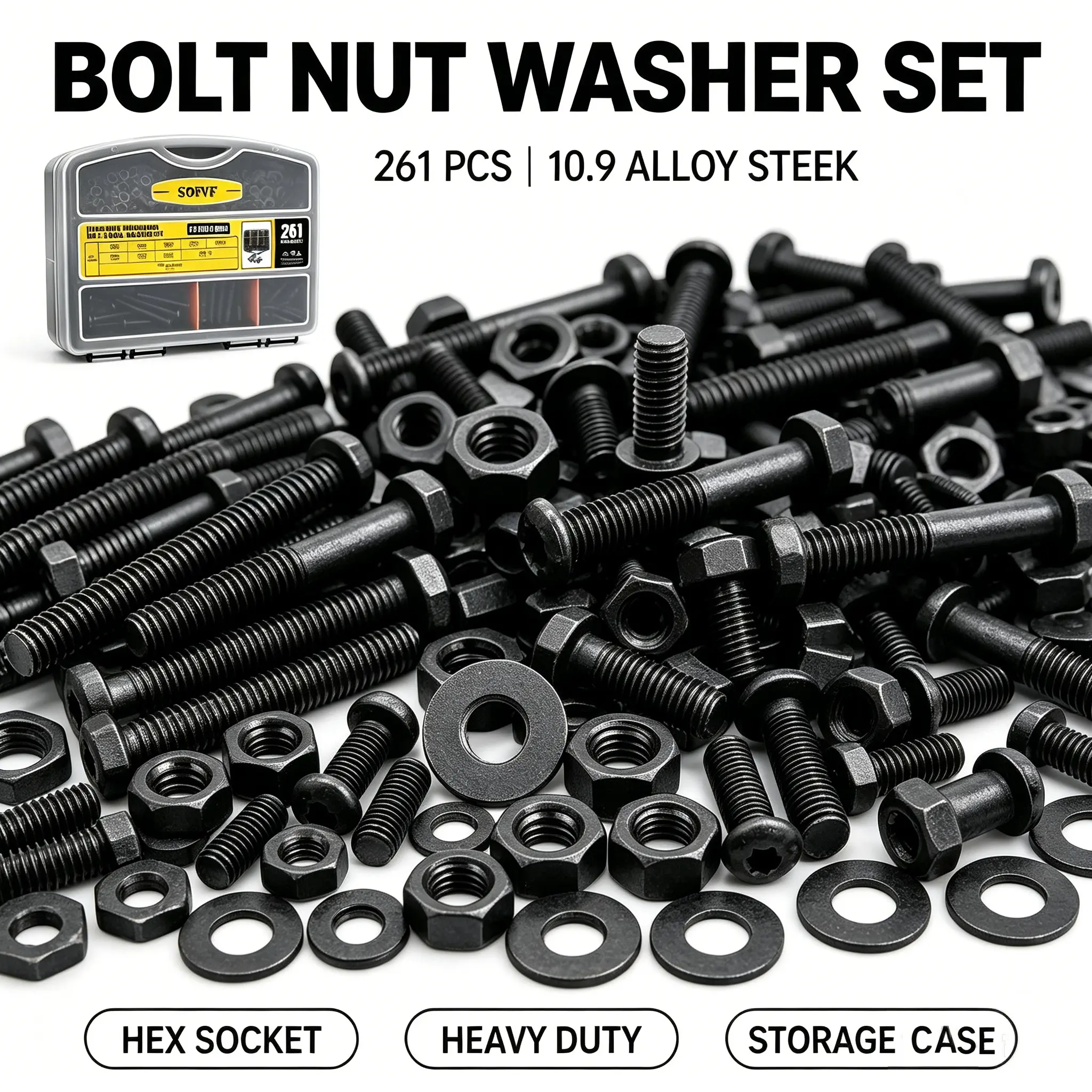 261Pcs M6 Button Head Hex Socket Screws Assortment Kit, 10.9 Grade Alloy Steel Metric Bolts Nuts Washers Set with Wrench for Auto, Motorcycle, Furniture DIY Repair