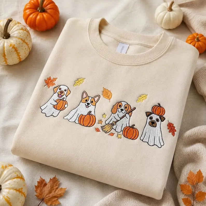 Embroidered Halloween Dog Ghosts Sweatshirt, T-shirt, And Hoodie, Cotton Apparel With Labrador, Corgi, Cavalier, And Pug Costumed As Ghosts With Pumpkins,