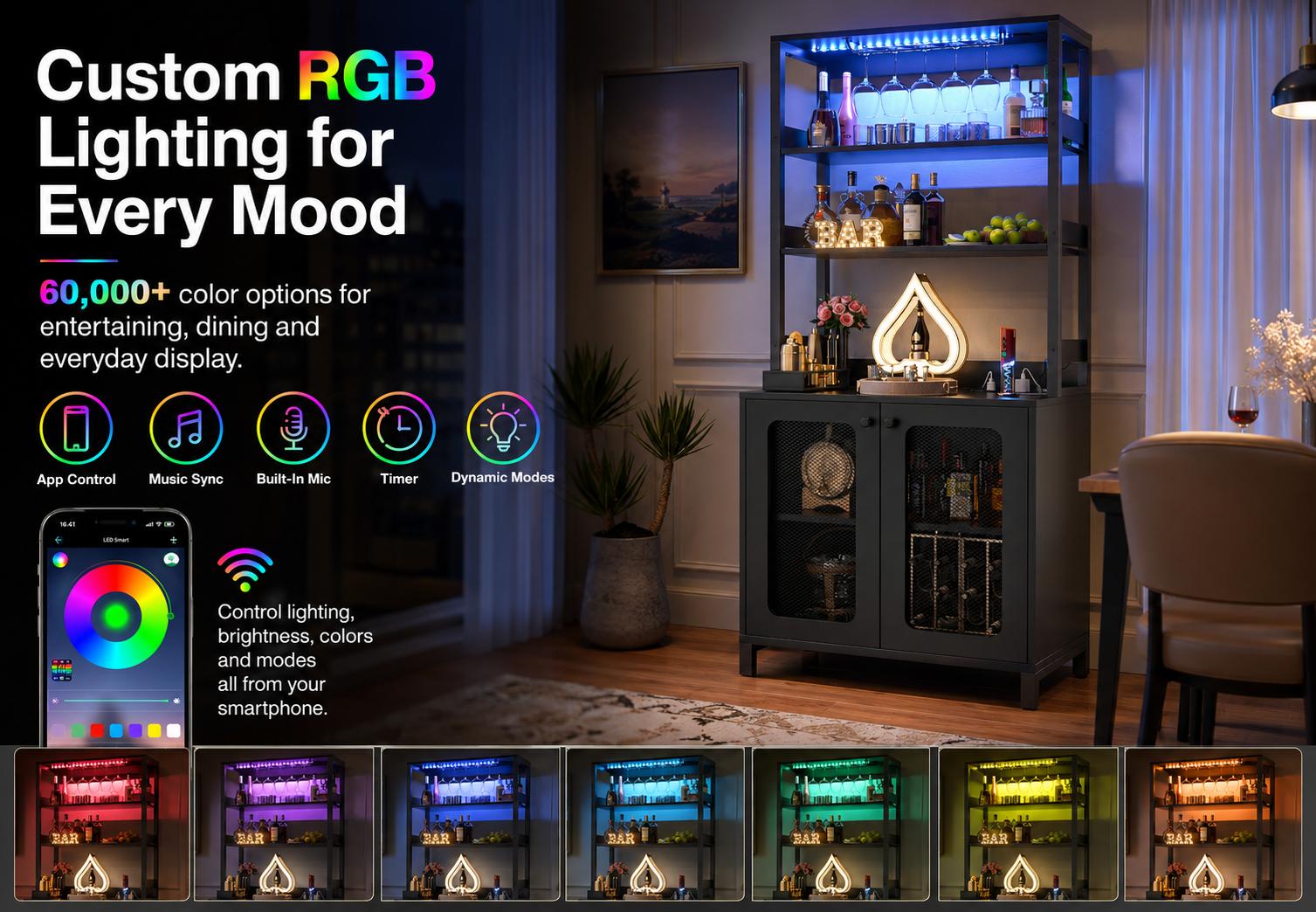 67" Tall Wine Bar Cabinet with RGB LED Lights & Charging Station, Coffee Bar Cabinet Home Bar liquor Cabinet for Home with Hutch ＆ Glass Holder,dorm essentials,home decor