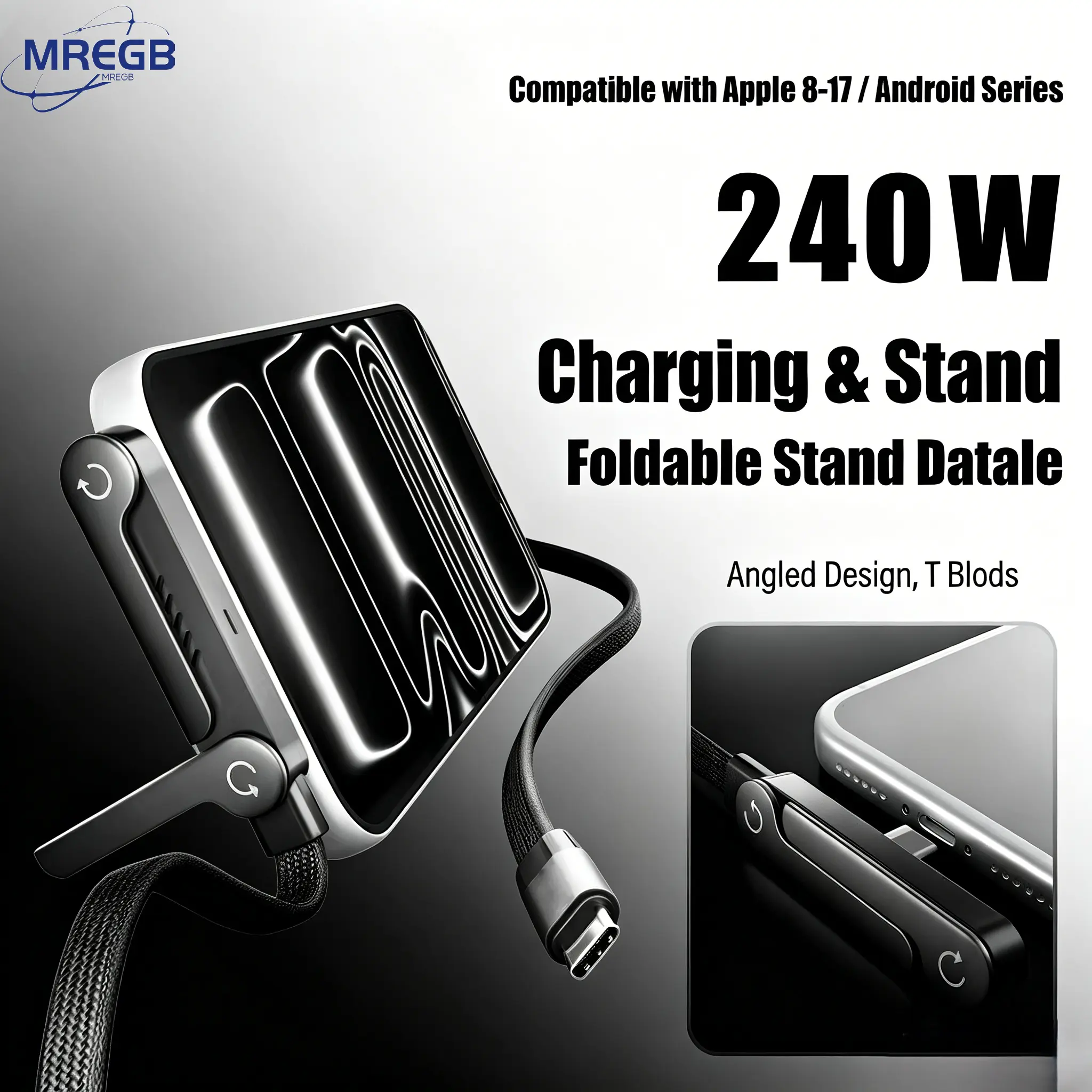 MREGB Invisible Stand Type-C Charger Cable 240W Super Fast Charging 2-in-1 Durable Rubber USB-C Cable with Phone Holder Stand, Gaming Office Car Travel, Compatible with iPhone 15+ Android, Cellphone , Portable USB-C Stand Cable summerwins,summerwins