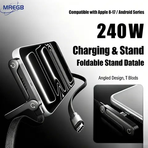 MREGB Invisible Stand Type-C to Type-C Charger Cable, 240W Power Super Fast Charging 2-in-1 Durable Flexible Rubber Cable with Phone Holder, for Gaming Office Use, Compatible with iPhone 15+ Android Mobile Devices