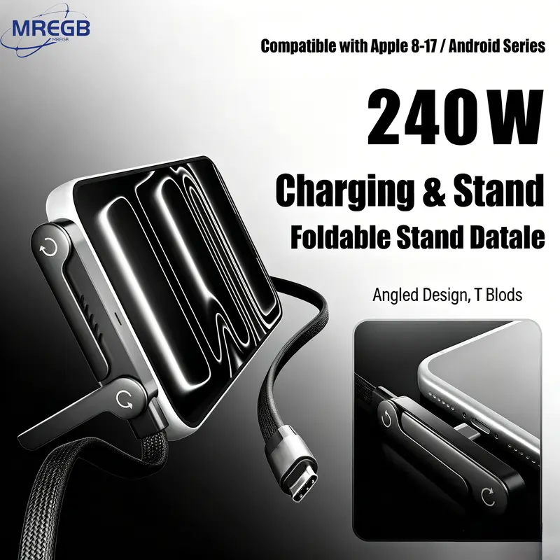 MREGB Invisible Stand Type-C to Type-C Charger Cable, 240W Power Super Fast Charging 2-in-1 Durable Flexible Rubber Cable with Phone Holder, for Gaming Office Use, Compatible with iPhone 15+ Android Mobile Devices