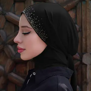 1Count Women's Instant Headscarf, Tie-On Convenient Head Wrap, Solid Color Rhinesne Mushaping Scarf,  Head Cover, Suitable for Daily Use Rhinestone Pre-Tied Hijab Cap, Instant Muslim Head Wrap, Sparkly Undercap Turban For Women