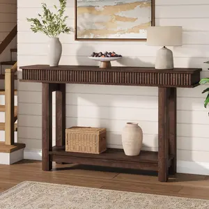 Garvee Farmhouse Fluted Console Table with 2 Tiers, Wooden Entryway and Narrow Sofa Table Featuring Shelf Storage, Rectangular Design Ideal for Foyer, Hallway, Living Room, or Behind Couch