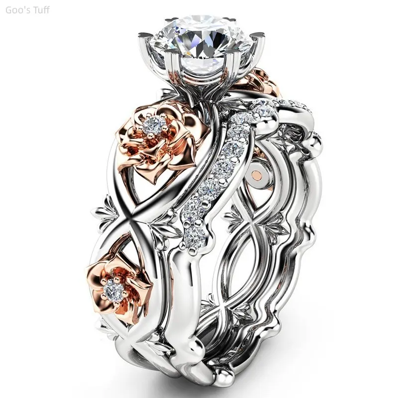 Women's 2-Piece Promise Rings Set, Double Gold-Plated Cubic Zirconia Matching Couple Bands, Lightweight Trendy Jewelry for Anniversary, Double Plated Rings