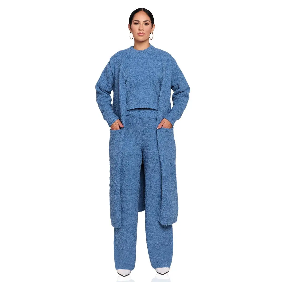 Cloud Nine 3 Piece Set – Cozy Fuzzy Matching Outfit, Soft Plush Loungewear for Women, Comfy Casual Travel & Home Wear - Long Sleeve Beige Suits