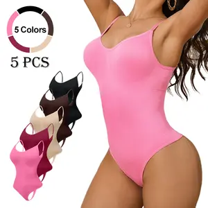 Nadia GO Women's Solid Seamless Shapewear Knit Bodysuit 5 Pack Breathable Comfortable Adjustable Strap Tummy Control Hip Lifter Ladies Waistband Shaping Bodysuit Thong for All Seasons