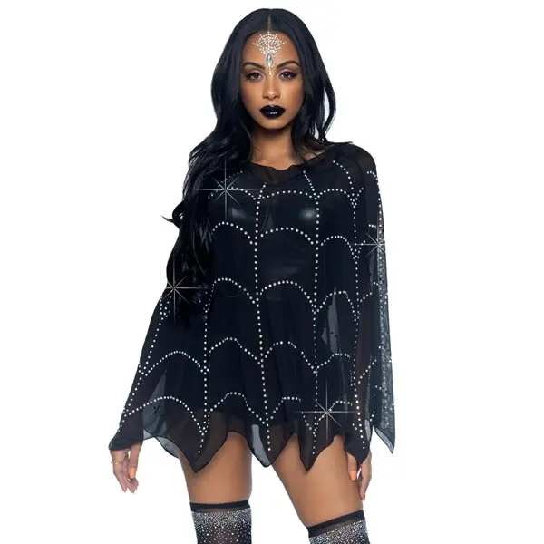 Sheer Rhinestone Spiderweb Poncho