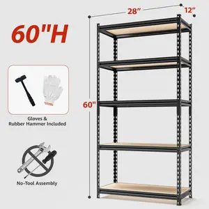 5-Tier Heavy-Duty Metal & Wood Storage Shelf, 60*27.5*11.8 in Adjustable Organizer, 2000LBS Capacity, Easy Installation Black Rack for Sports & Outdoor Ball Storage - H60