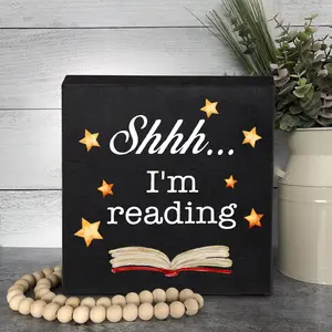 Wooden Reading Sign, 1 Count Letter Book Star Pattern Wooden Plaque, Desktop Home Decor for Living Room Bedroom Office Bookshelf
