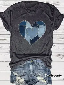 Spring Summer Denim Heart Print T-Shirt, Fashion Comfort Casual Valentine's Day Tee, Daily Wear Trendy Graphic Top for Women
