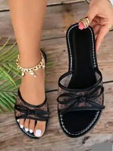 Leopard Print Mesh Bow Flat Sandals, Women's Casual Open-Toe Slippers, Comfortable Slimming Shoes, Ideal for Daily Wear