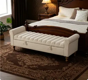 Modern Beige Upholstered Storage Bench, 65.55 Inch Wide Napped Fabric Bed End Foot Stool with Rolled Armrest, Rubberwood Legs Daybed Bench, Versatile Home Decor Furniture for Living Room, Entryway, Dormitory and Bedroom
