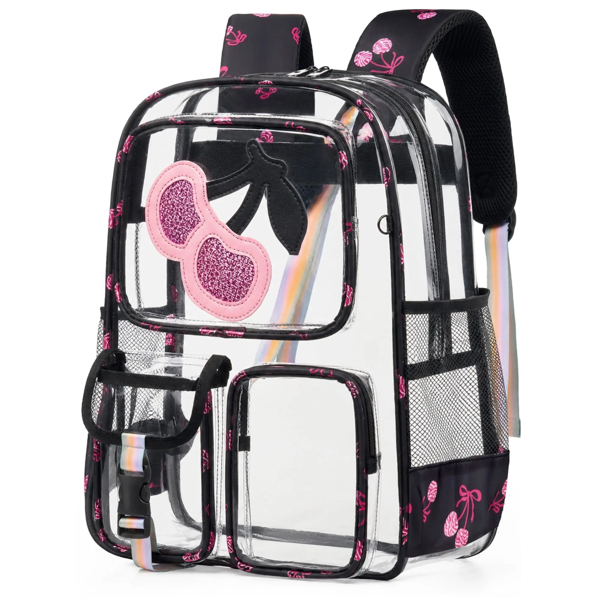 Clear Backpack Cherry Heavy Duty Transparent Bookbag Teen Girlish Cute Bag Large Capacity See Through Backpacks Stadium Approved Daypack for Middle School College Sport/Travel