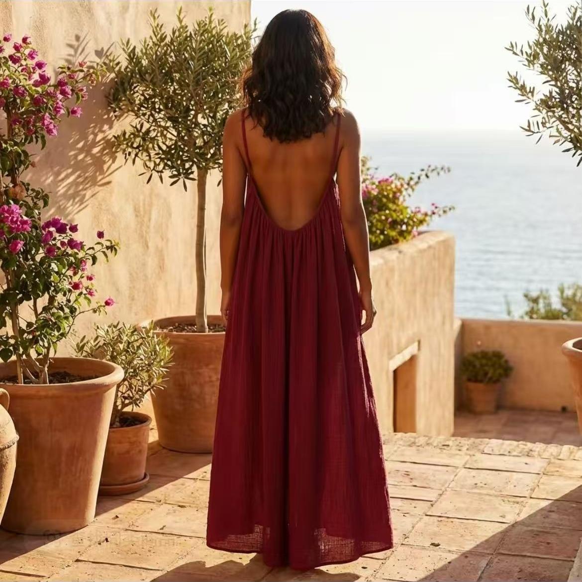 Trendy Women's Solid - Color Backless Cami Dress! Lightweight and comfortable, this casual sleeveless piece is a fashionable choice for summer beach holidays. Versatile ladies' clothes perfect for your vacation.