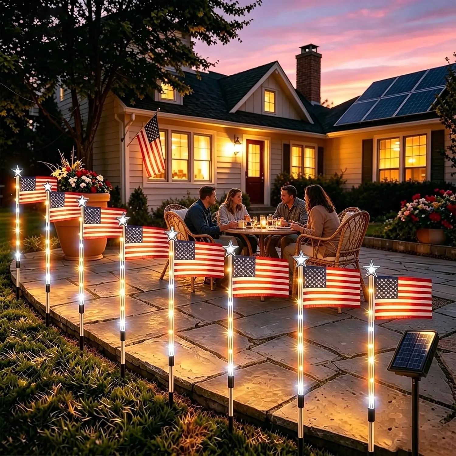 8 Pack Solar US Flag Stake Lights | Waterproof Red White Blue Patriotic LED Lights, 8 Light Modes, Outdoor Yard Holiday Decor