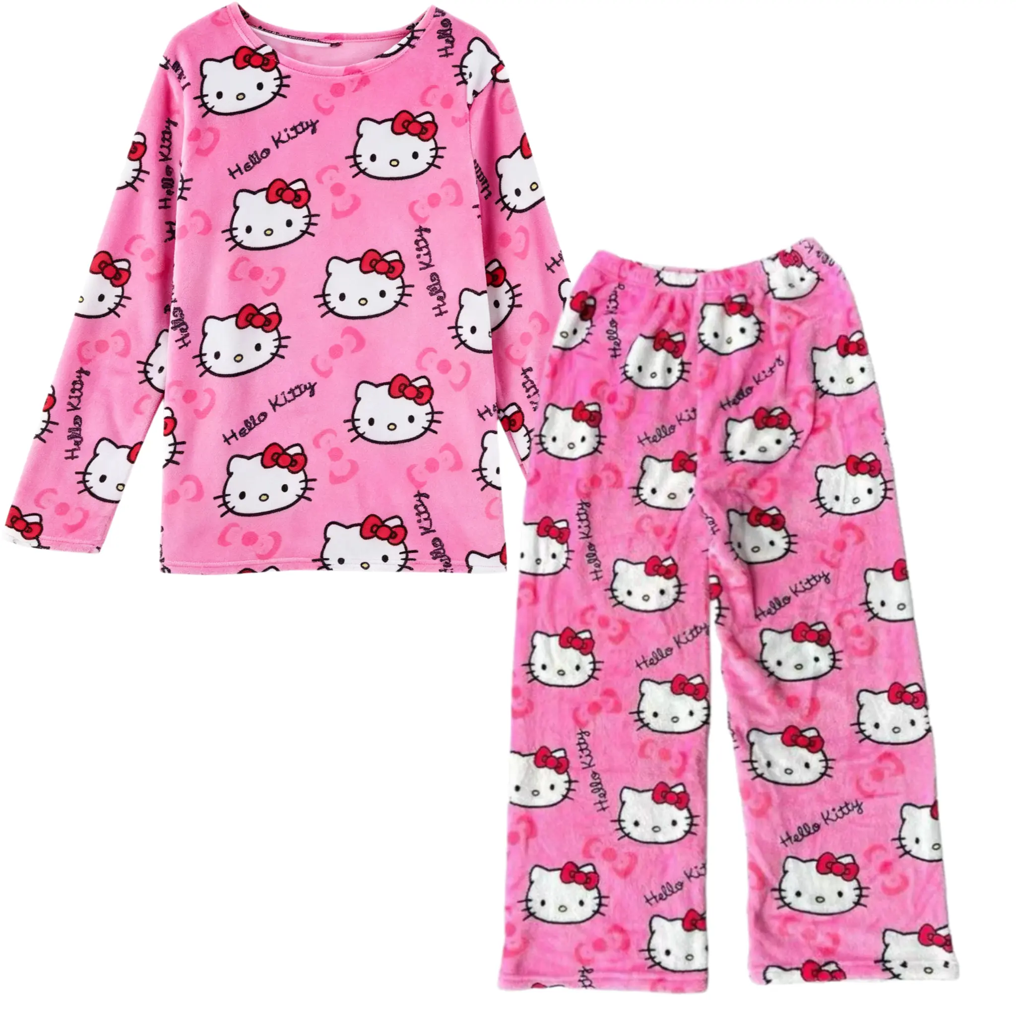 Sanrio Hello Kitty Flannel Top and Pajama Pants Set, Soft Warm Loose 2‑Piece Sleepwear Loungewear Set Nightwear Gift for Girls Teens Women