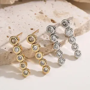 Silver Needle Exquisite White Zircon Stud Earrings for Women Geometric Long Chain Tassel Earrings Luxury Jewelry