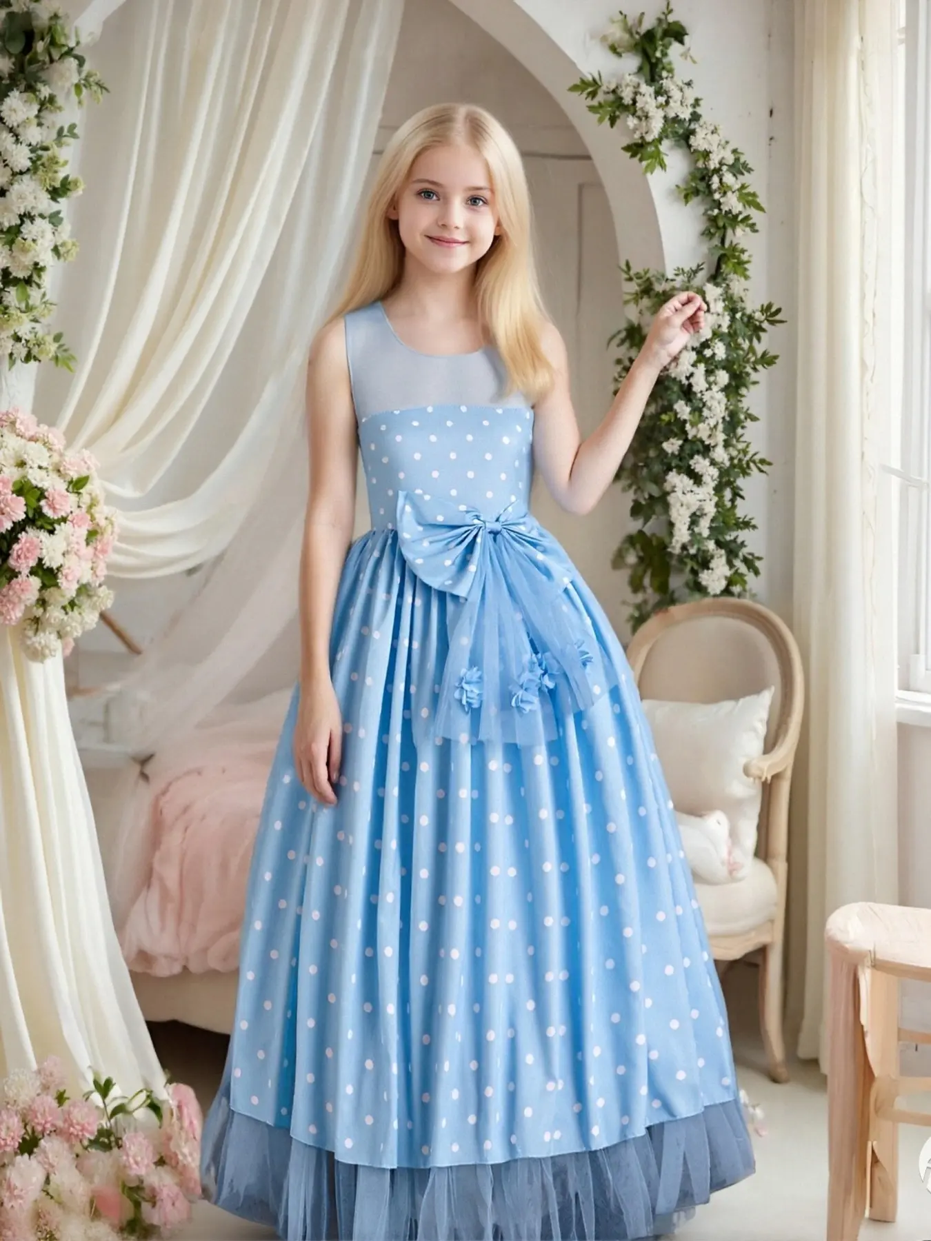 Girls Summer Dress, Flowy Polka Dot Lace Chiffon Long Skirt, Teenage Girls  Fashion, Big Bow Design, Perfect for Weddings Parties Holidays - TikTok Shop
