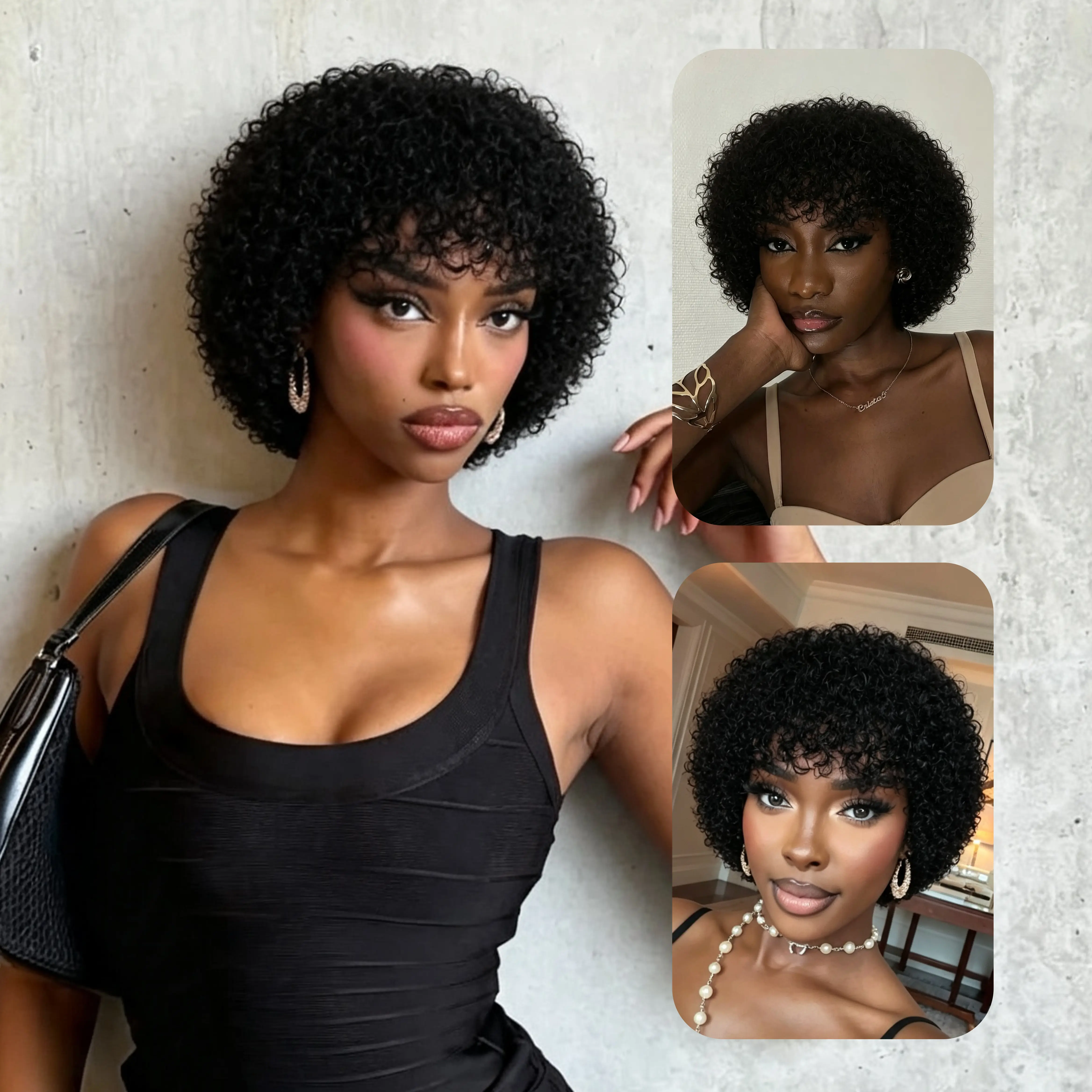 Short Curly Wig Machine-Made Curly Human Hair Wig  Curly Wig with Adjustable Straps Vietnamese Human Hair