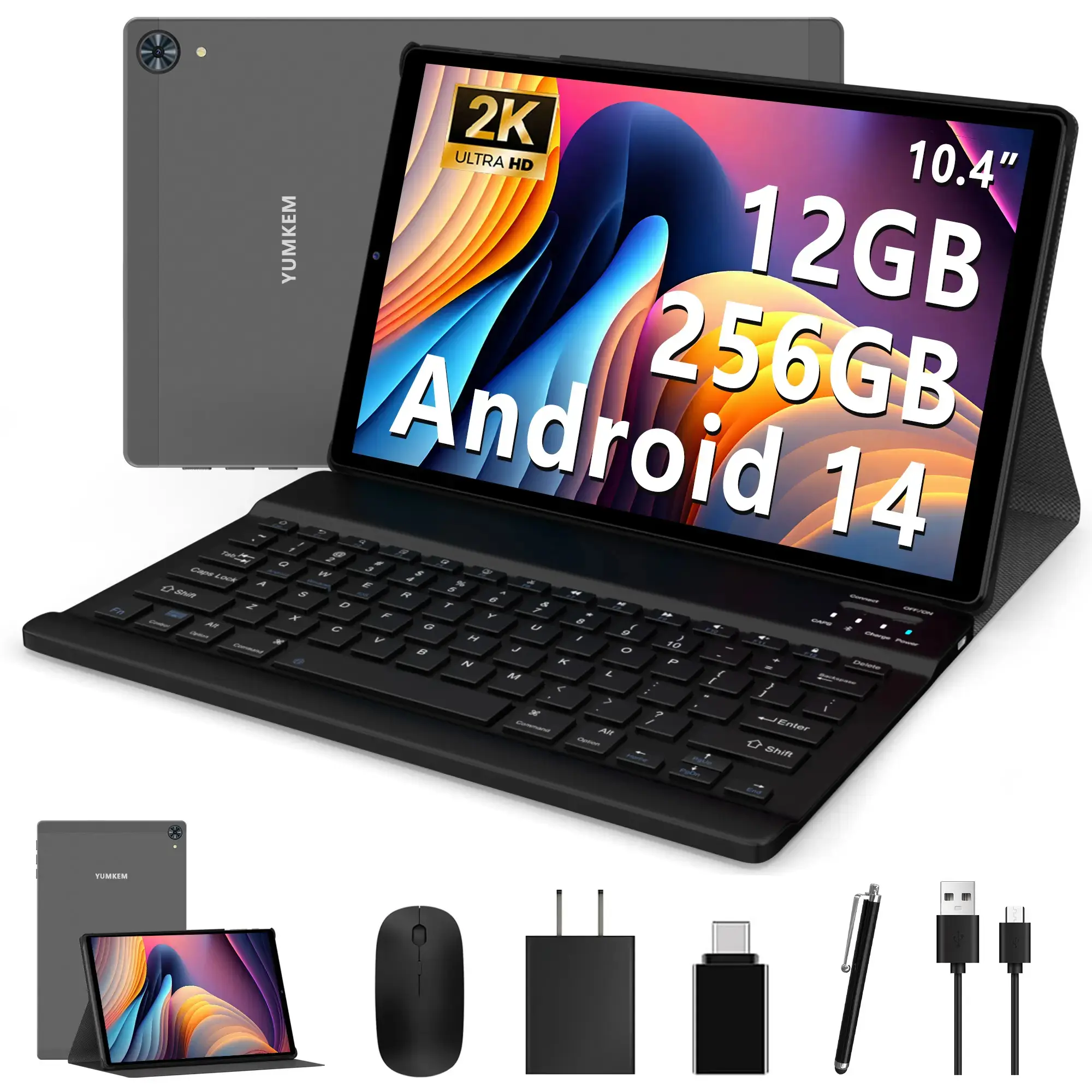 10.4 Inch Android 14 Tablet with Keyboard and Mouse, 6GB RAM 256GB ROM, Octa-Core Tablet PC, 2000×1200 IPS HD Display, 1TB Expandable, 8000mAh Battery, 8MP Front & 13MP Rear Camera, Bluetooth, Dual-Band WiFi, Protective Case & Stylus Included