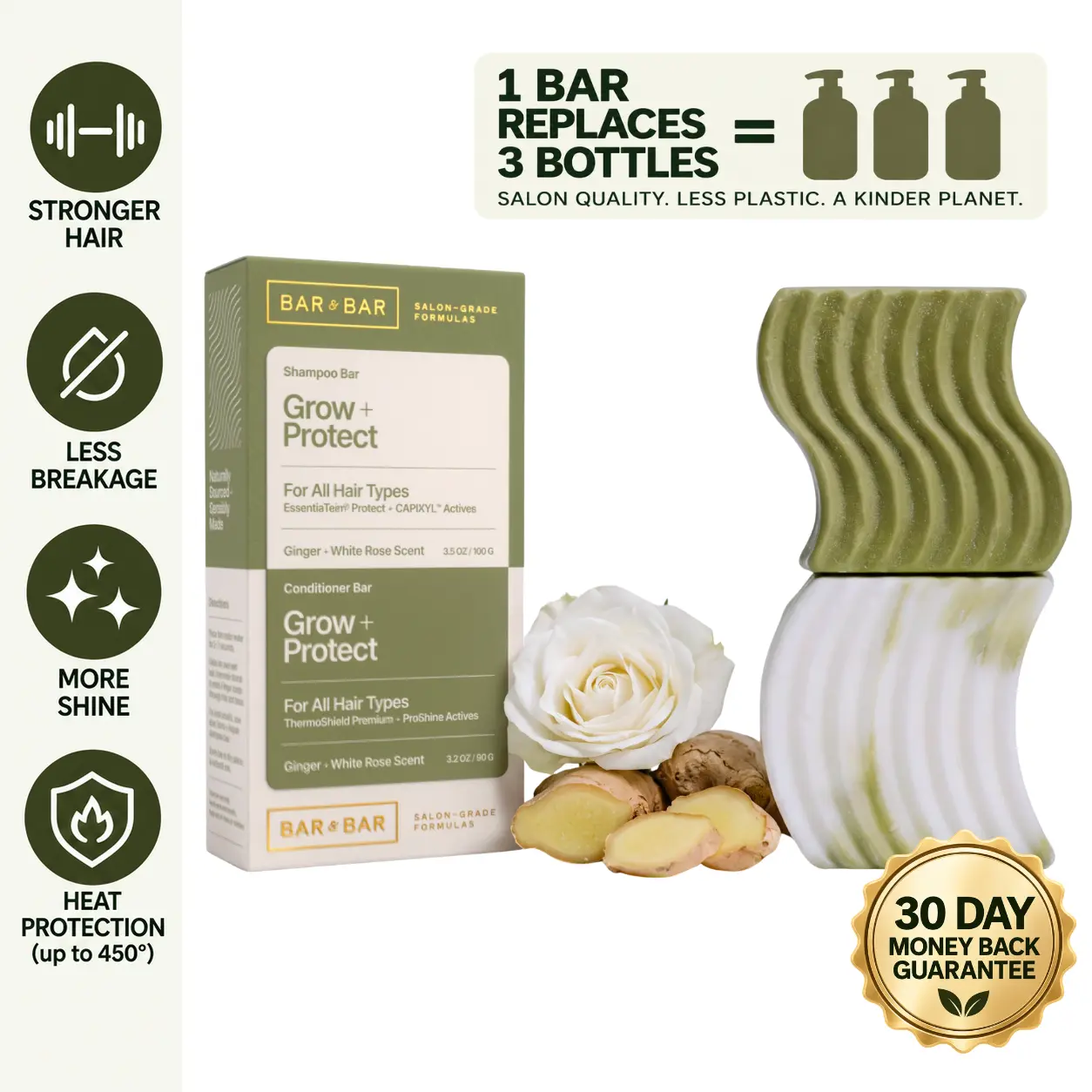Bar & Bar Shampoo and Conditioner Bar Set – Grow + Protect – Hair Growth & Heat Protectant Solid Hair Care Duo – Normal Hair – Gingerlily Rain